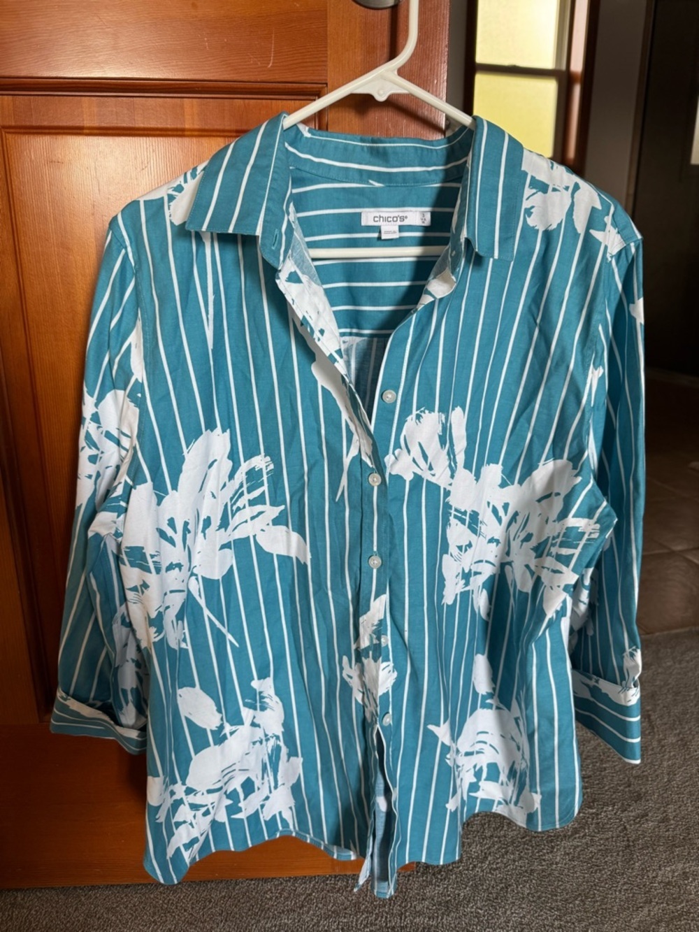 Chico's Teal Striped Floral Button-Front Shirt Tropical Resort wear - Picture 2 of 5